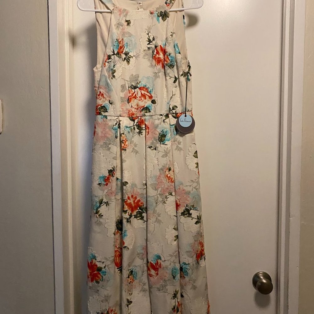 Eva Franco White Multicolor Floral Textured Pleated Fit & Flair